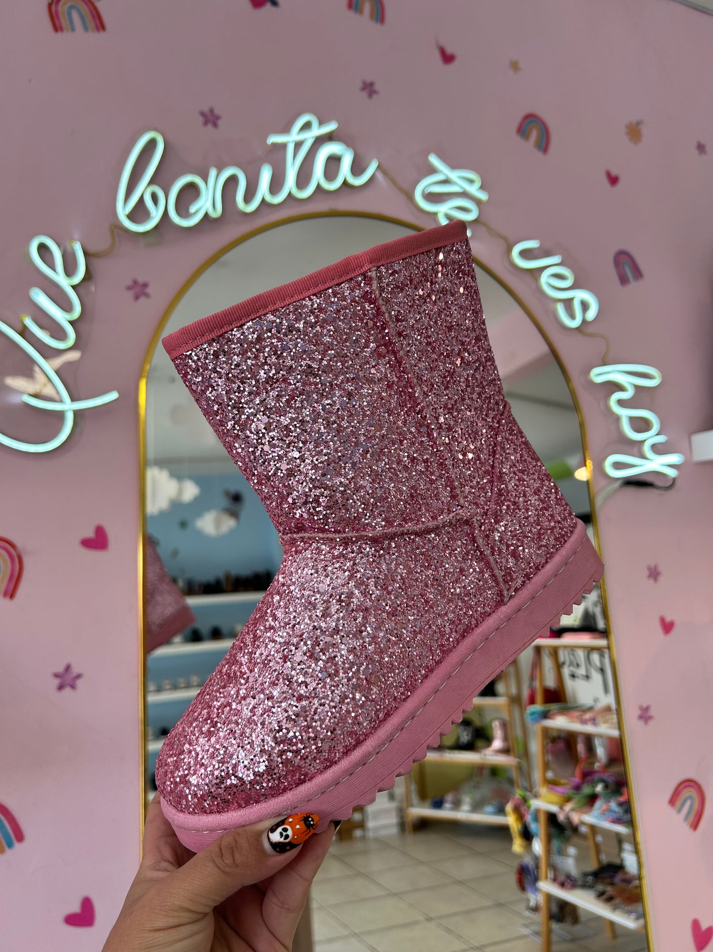 Bota Afelpada Rosa Brilloso